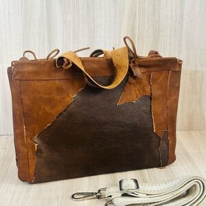 Two-Tone Brown Leather Crossbody Bag - Patchwork Design